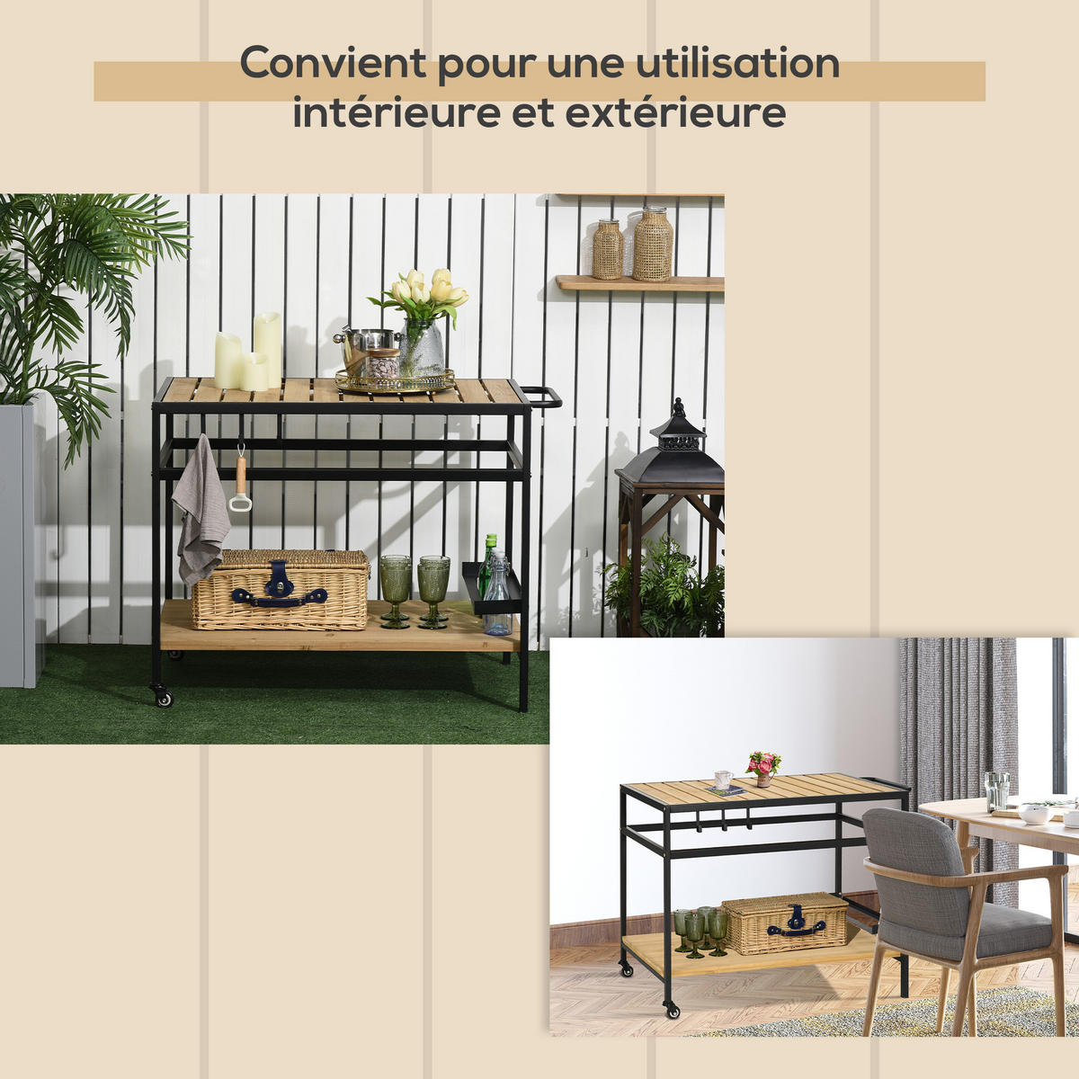 SERVIERWAGEN DE-15974 2 Etagen, 3 Haken Natur - Naturfarben, Metall (65/80/107cm) - ComfortXL
