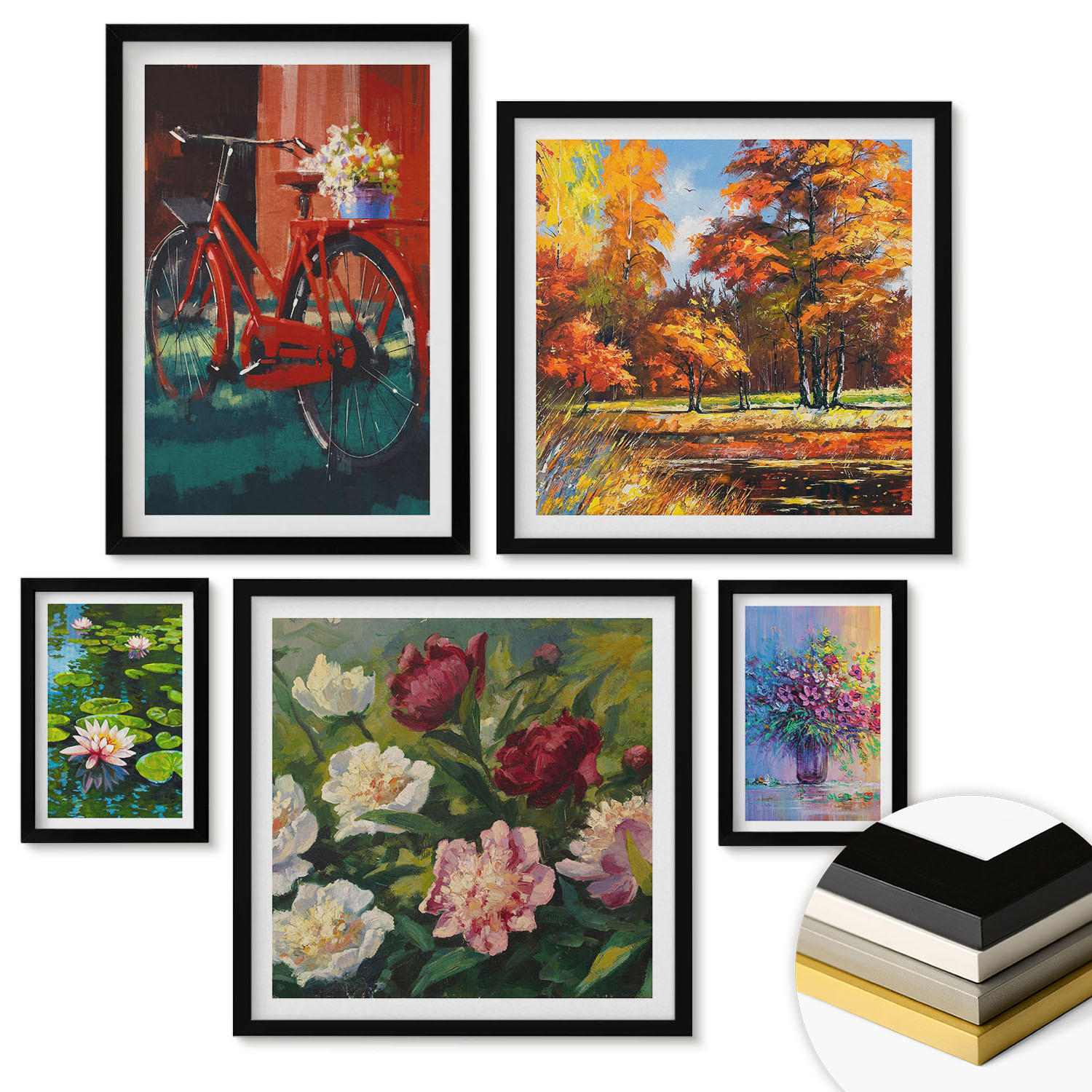 WANDBILDER 5er-Set - 50x50 cm & 20x30 cm & 40x60 cm Schwarzer Rahmen - Seerosen, Fahrradblumen - Schwarz, Kunststoff (40/60cm) - ArtPrintCave