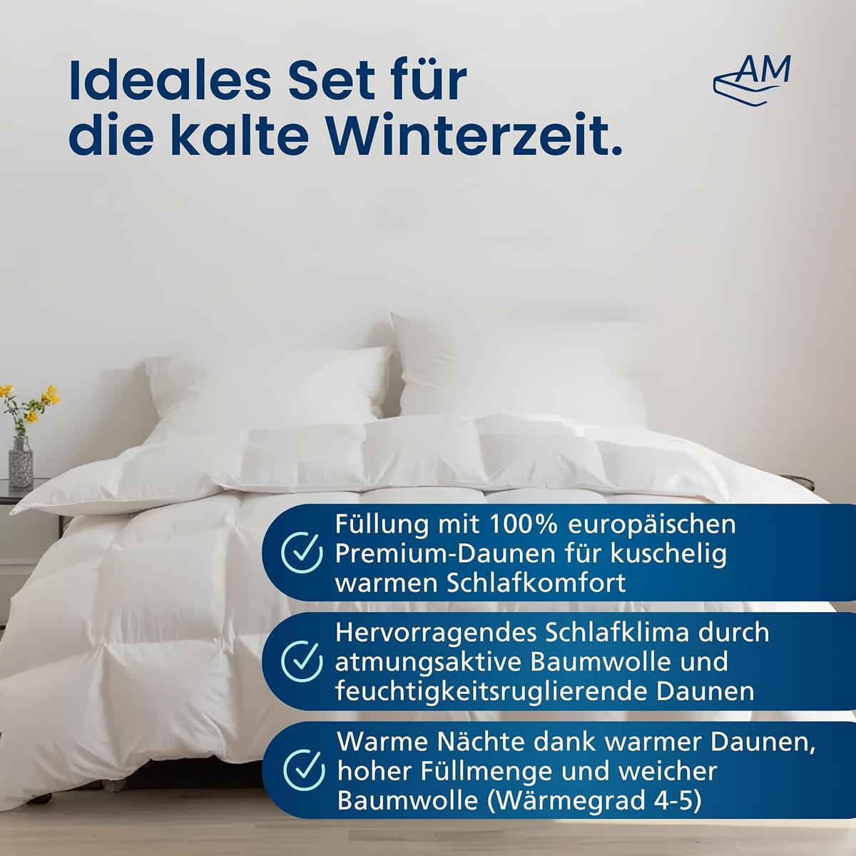 BETTWAREN SET Daunen Winter 155/220cm, Kissen 80/80 cm 2er Set - Weiß, Textil (155/220cm) - AM Qualitätsmatratzen