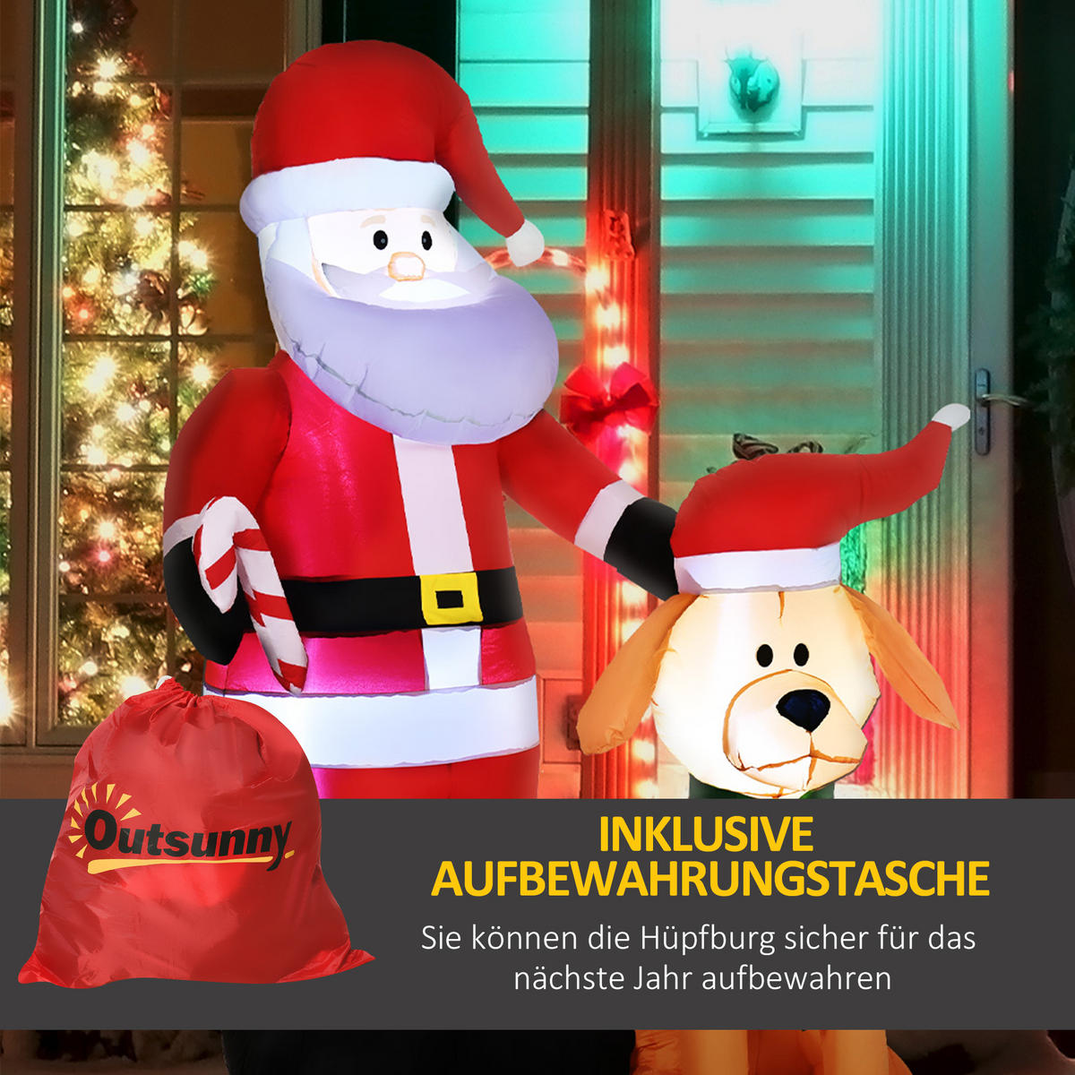 157 cm Aufblasbarer Weihnachtsmann mit Hund Weihnachtsdeko mit LED Wasserdicht - Rot, Kunststoff (80/157/117cm) - Outsunny