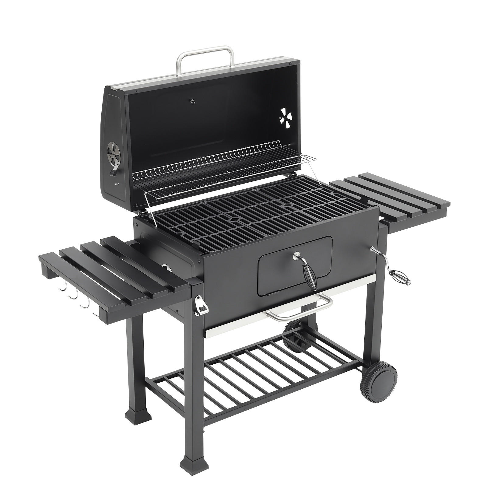 HOLZKOHLEGRILL aus Karbonstahl in Schwarz Tragbarer für den Außenbereich mit Seitenablagen 183 cm B x 40 cm T x 108 cm H - Schwarz, Metall (183/108/40cm) - Livingandhome