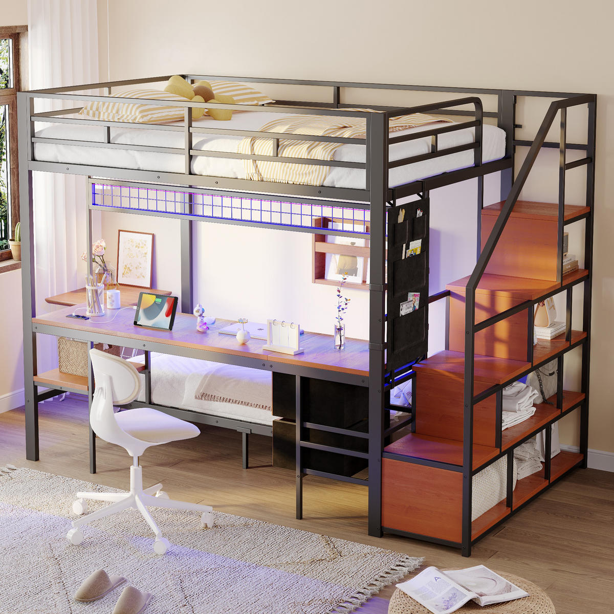 HOCHBETT 140/200 cm schwarz aus Metall und Holz mit Schreibtisch LED und Steckdosen - Schwarz, Metall (140/200cm) - OKWISH