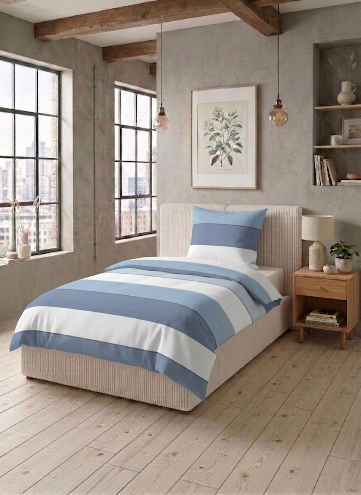 BETTWÄSCHE-GARNITUR Premium Satin Blockstreifen taubenblau, 135x200 cm + 80x80 cm - Blaugrau, Textil (135/200cm) - biberna