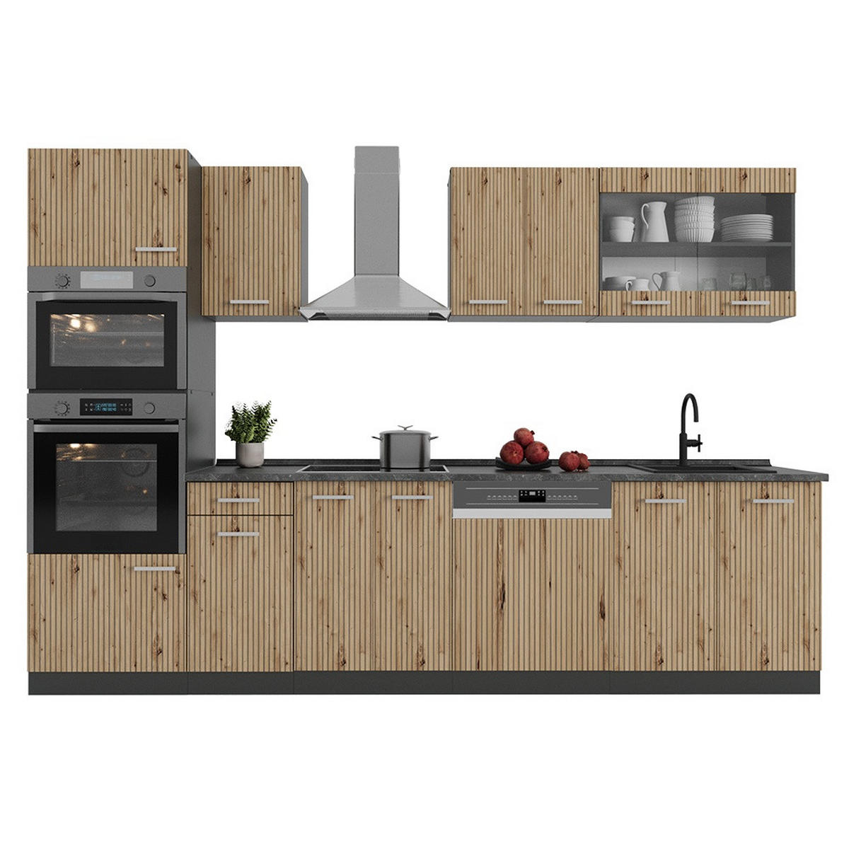 KUCHYŇSKÝ KOUT R-Line Řemeslný dub 300 cm s vysokou skříní, PD Antracit - antracitová/dub artisan, kompozitní dřevo (300/206.8/60cm) - Vicco