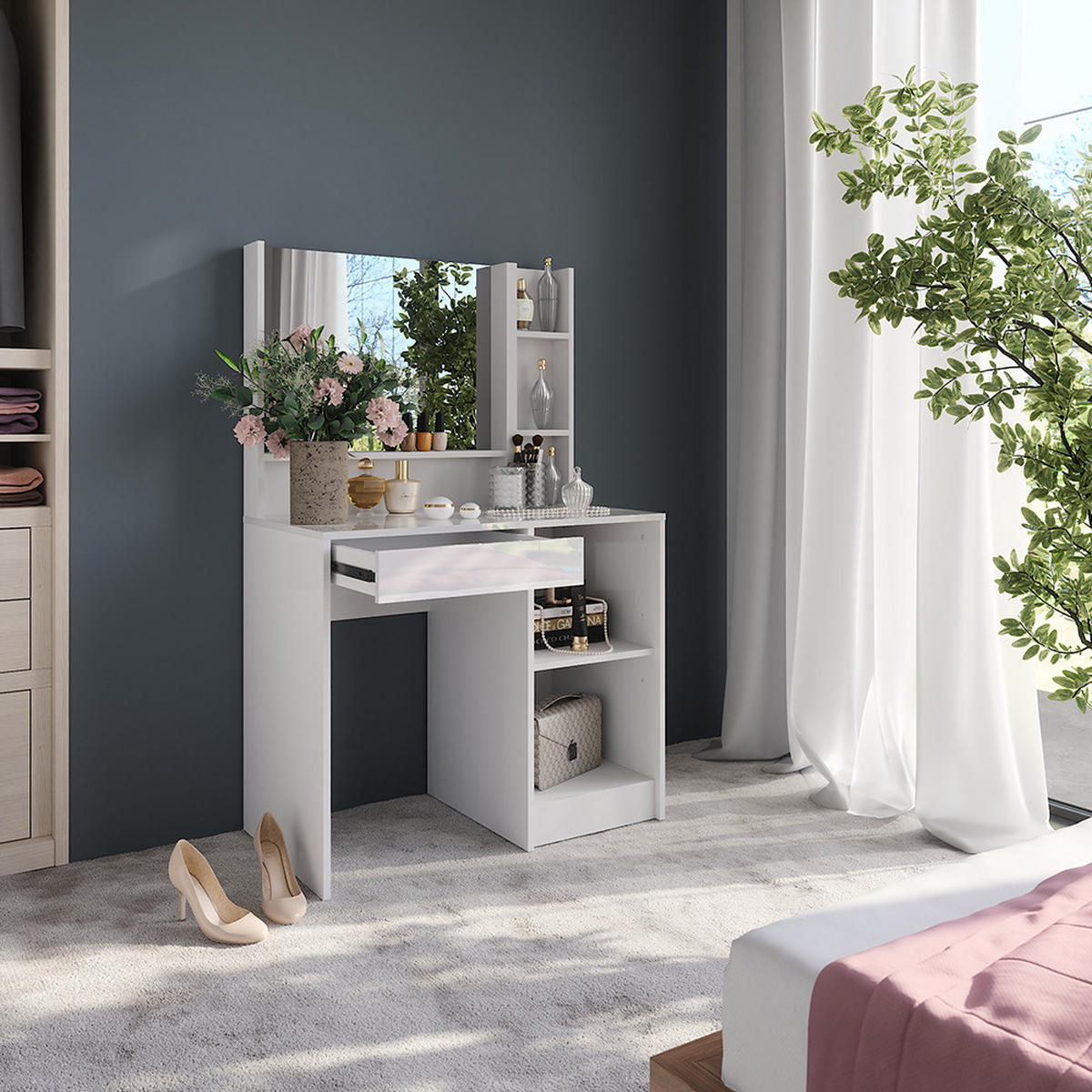 SCHMINKTISCH Sherry Weiß/Weiß Hochglanz 89.8 cm 3 Teile - Weiß Hochglanz, Holzwerkstoff (89.8/76/50.1cm) - Vicco