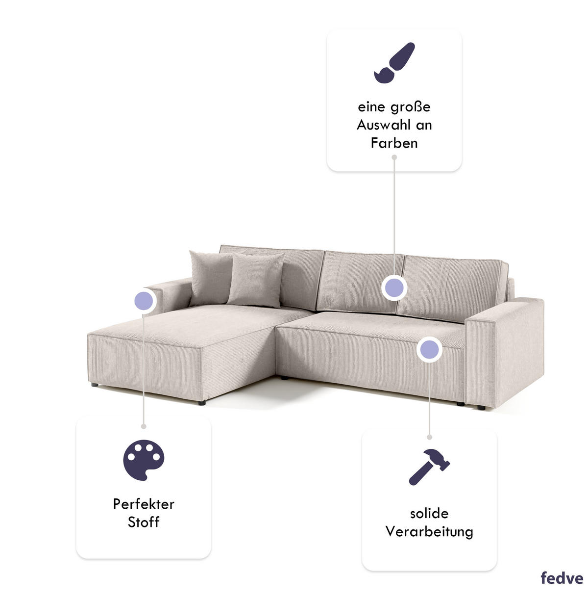 ECKSOFA Couch Sofagarnitur Sekwana L-form Creme - Creme, Naturmaterialien (294/185cm) - Fedve