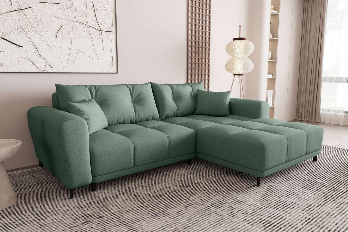 ECKSOFA Massimo Strukturstoff Salbeigrün inkl. Schlaffunktion Rechts - Salbeigrün/Schwarz, Textil/Metall (246/177cm) - 99rooms