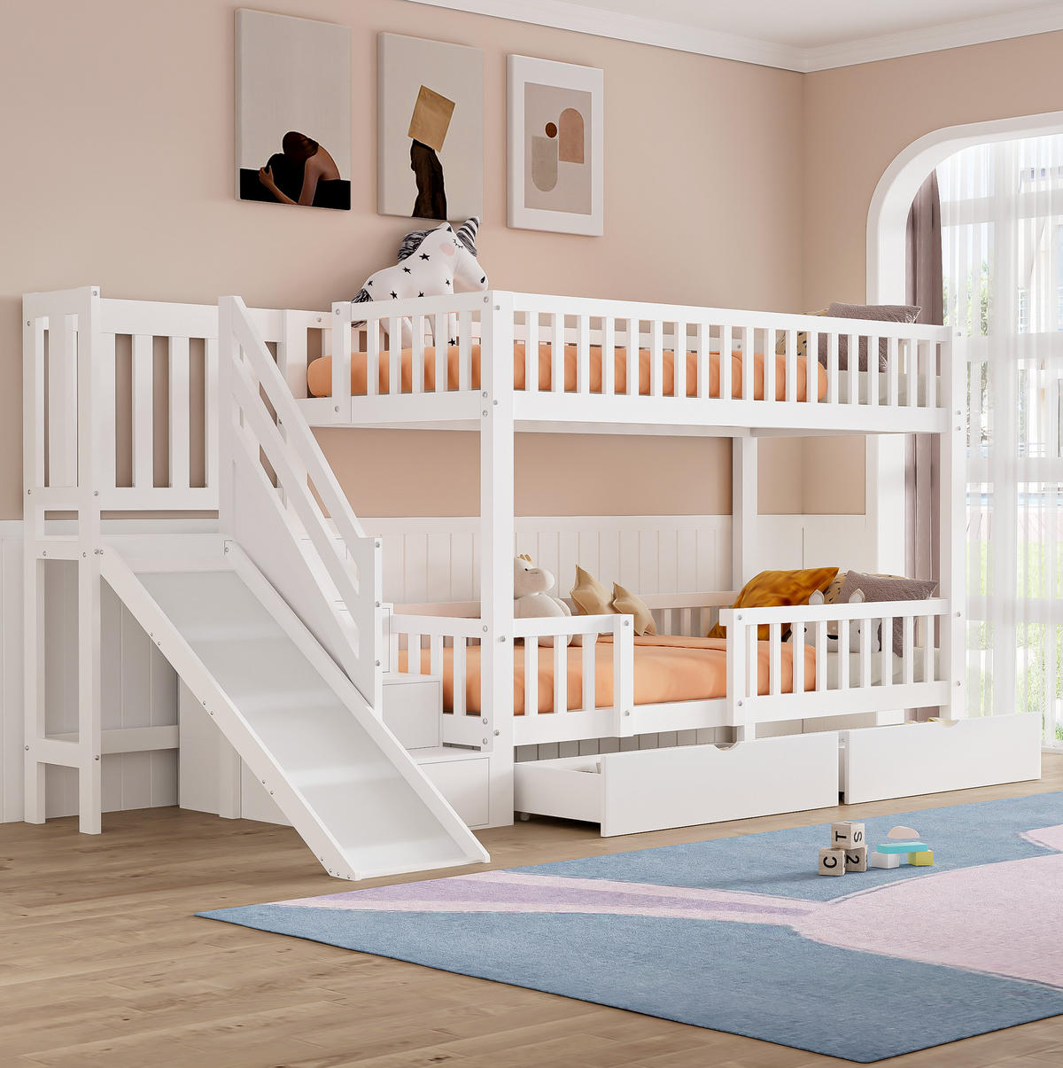 ETAGENBETT 90/200 cm Weiß aus Massivholz mit Rutsche, Treppe und 2 Schubladen - Weiß, Holz (90/200cm) - Flora Grace