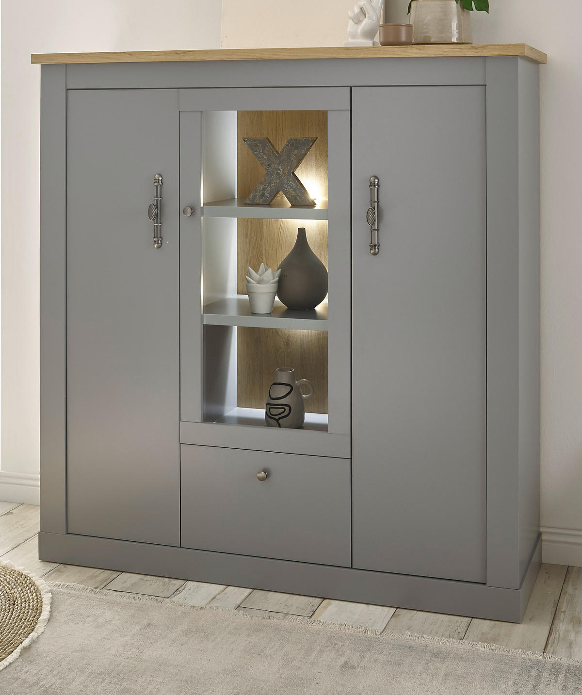 HIGHBOARD grau, Artisan Eiche Landhaus 138 cm, Vitrine mit 11 Fächern - Silberfarben/Hellgrau, Glas/Holzwerkstoff (138/142/44cm) - Furn.Design