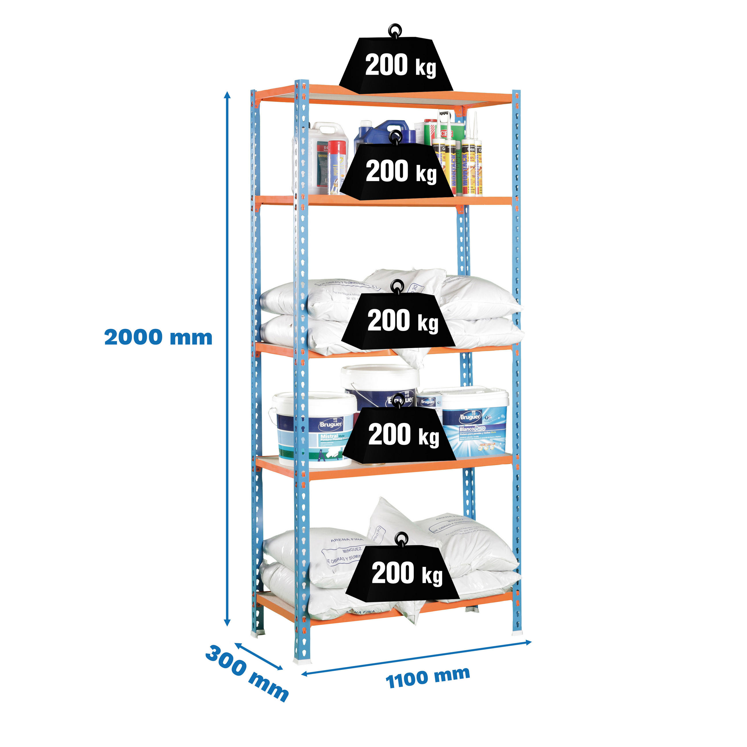 SCHWERLASTREGAL Big Muli HxBxT 200 x 110 x 30 cm 5 Fachböden Fachlast 200 kg Blau-Orange - Gelb, Metall (110/200/30cm) - PROREGAL
