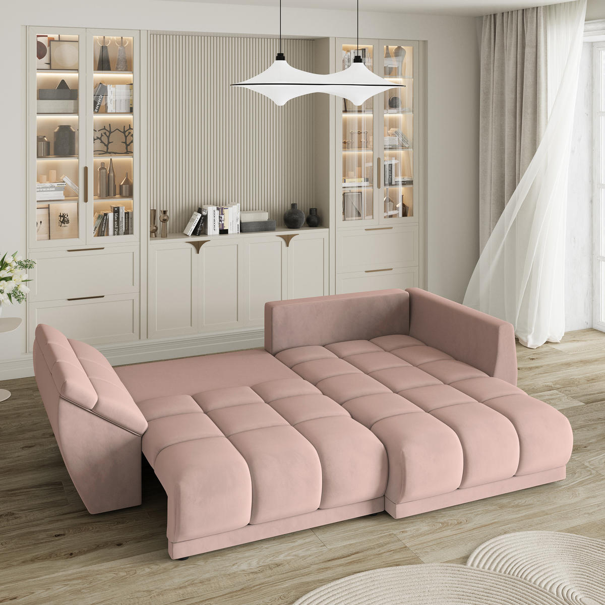 ECKSOFA ORENTI R-S Rosa Velours-Stoff mit Schlaffunktion - Rosa, Holz (287/182cm) - MASSENO