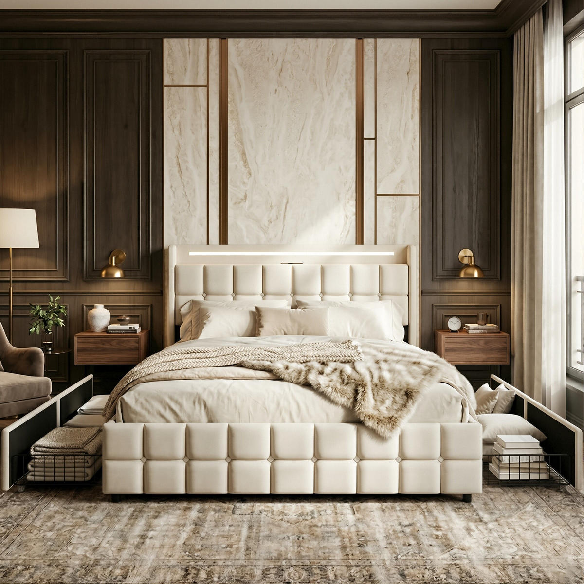 POLSTERBETT Geometrisch 160/200 cm mit 4 Schubladen & LED Leinenoptik Beige - Beige, Textil (160/200cm) - Creahappy