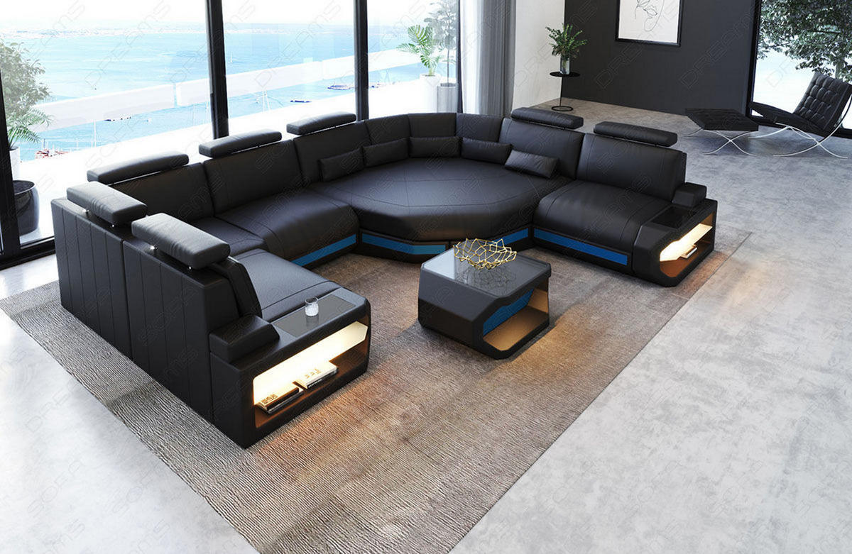 WOHNLANDSCHAFT Asti U Mini - Blau/Schwarz, Leder (352/93/280cm) - Sofa Dreams