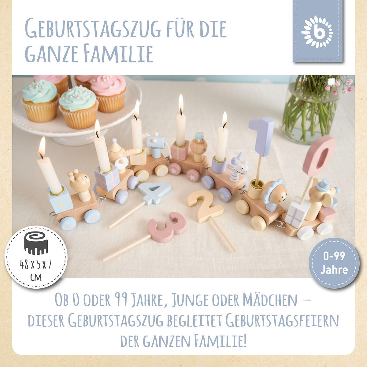 GEBURTSTAGSZUG Holz Candy Look mit 6 Ker - Multicolor, Holz (5/48cm) - Bieco Spielwaren