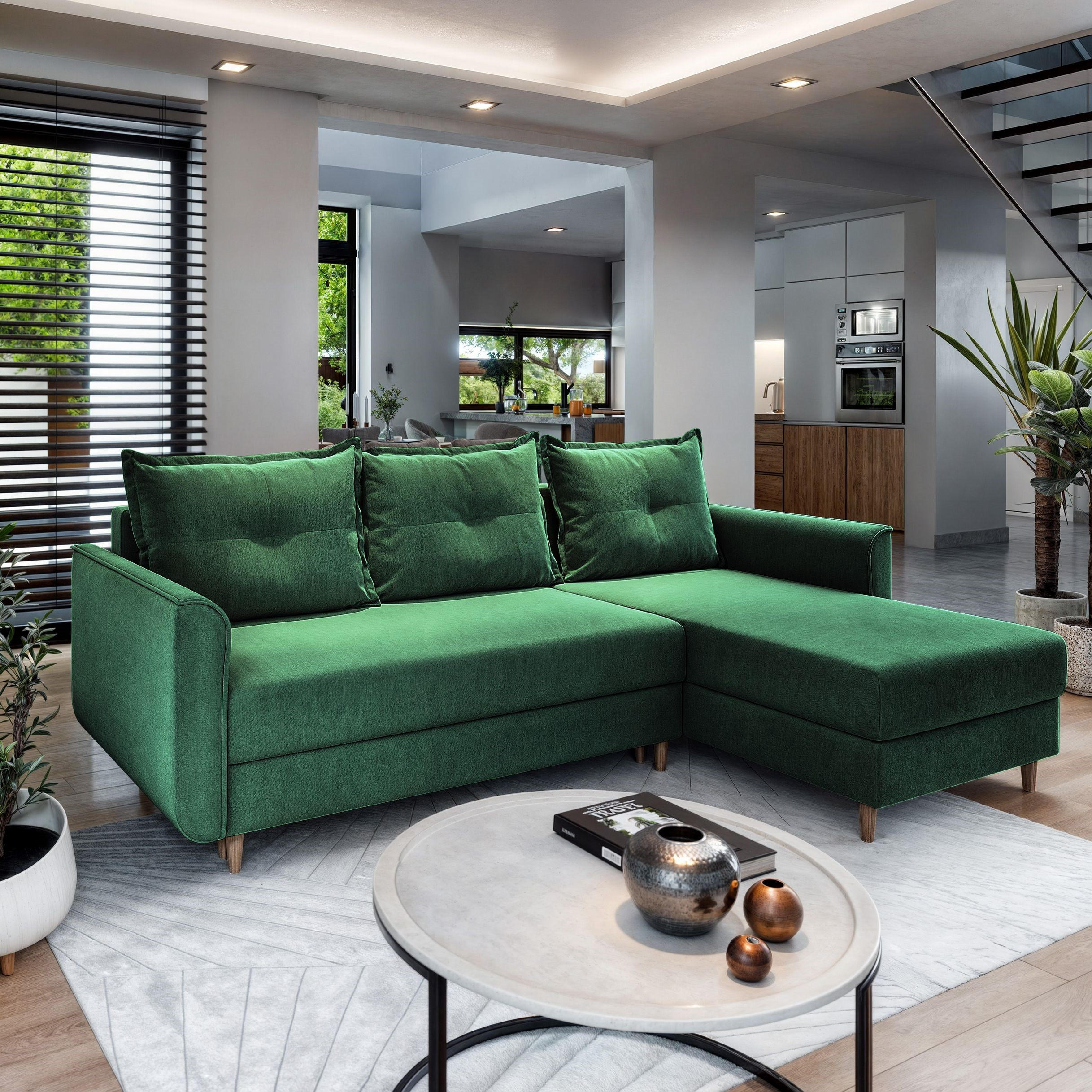 ECKSOFA PISAN R-S Grün Plüsch-Stoff mit Schlaffunktion - Grün, Holz (220/140cm) - MASSENO