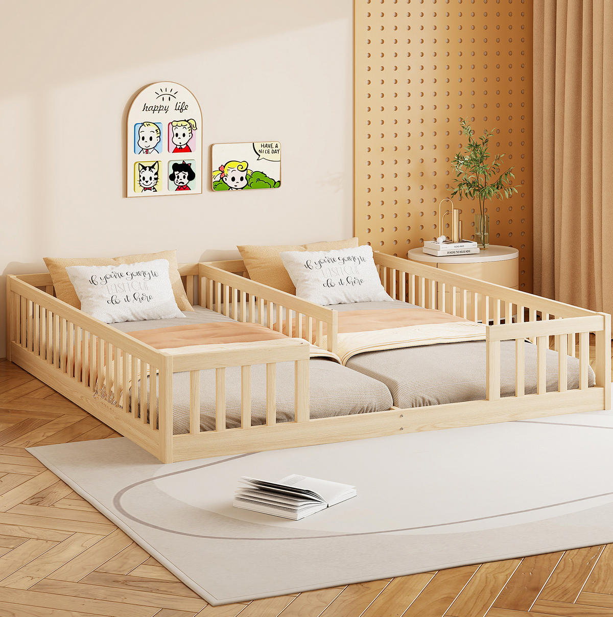 KINDERBETT aus Kiefernholz und MDF 2x90x200 cm Natur mit Lattenrost und Sicherheitsgitter - Naturfarben, Holzwerkstoff (90/200cm) - IVMEU