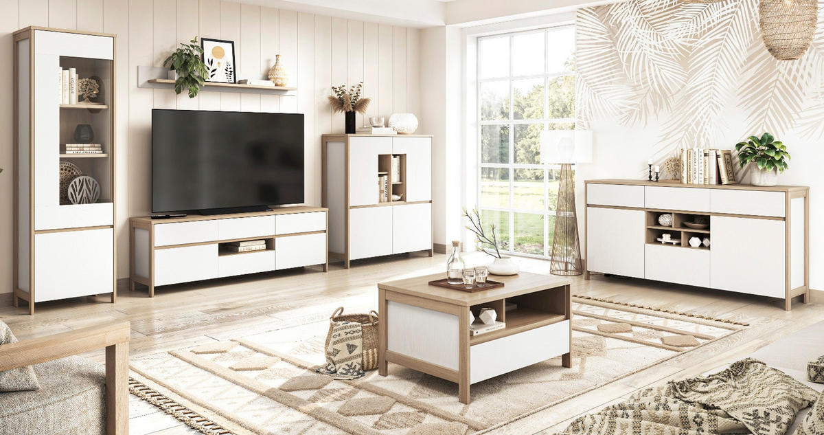 WOHNWAND weiß, Eiche 4-teilig 360 cm, Wohnkombination skandinavisch mit Soft-Close, Finnes - Eichefarben/Weiß, Holzwerkstoff/Metall (363/195/39cm) - Furn.Design