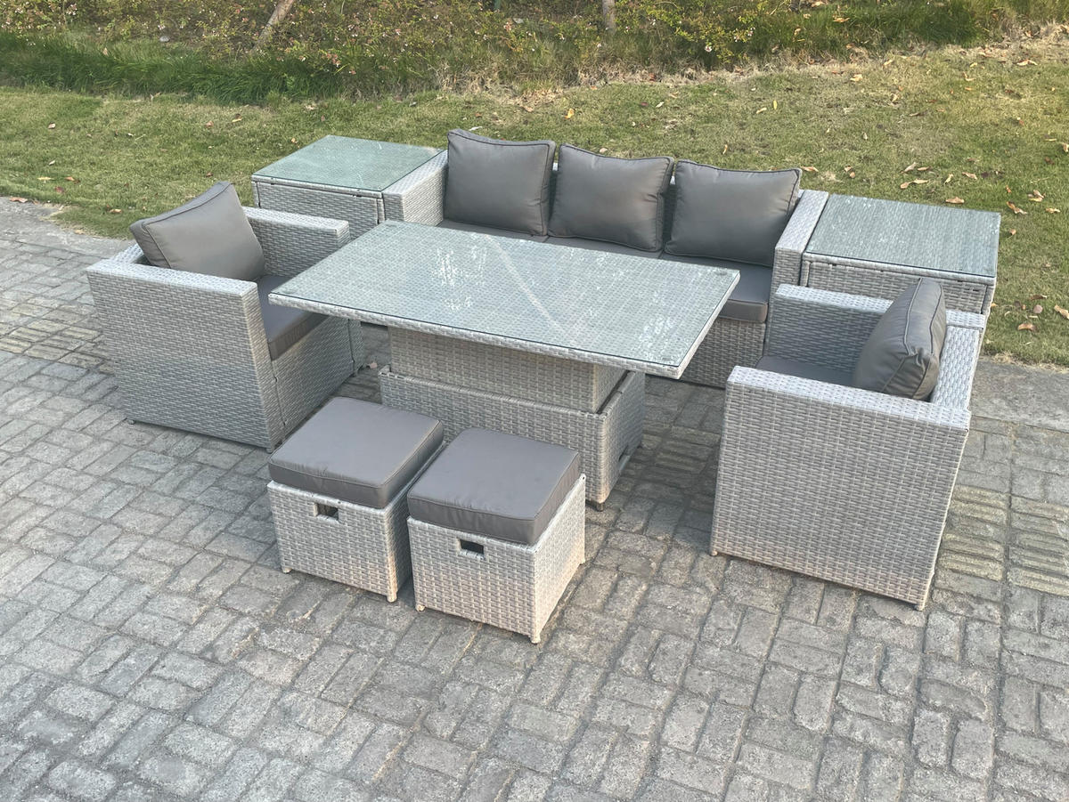 GARTENMÖBEL SET mit höhenverstellbarer Tisch Polyrattan Helles Grau 8-teilige - Hellgrau, Metall - Fimous