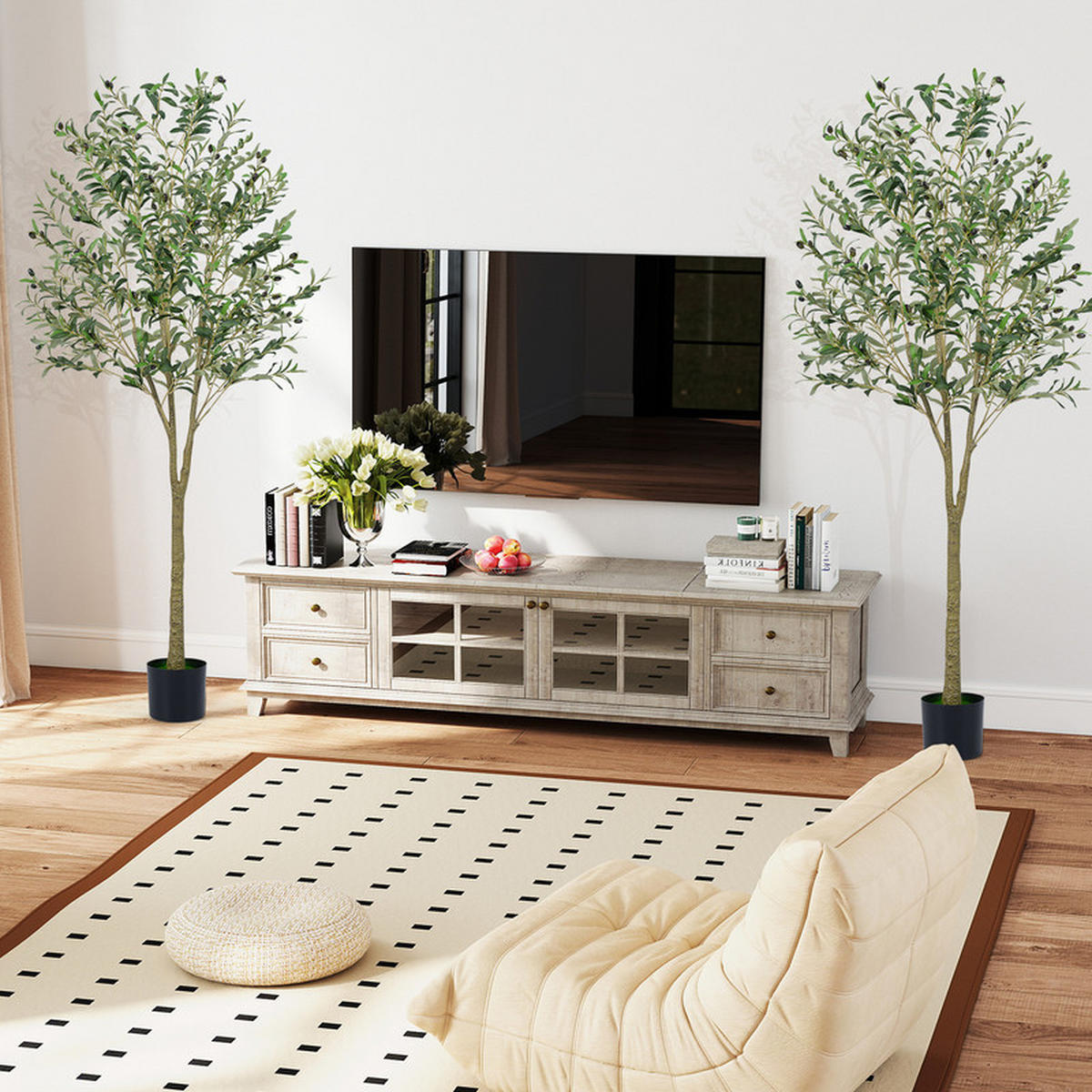 KUNSTOLIVENBAUM mit Zementtopf grün(2er-Set) - Grün, Kunststoff (180cm) - COSTWAY