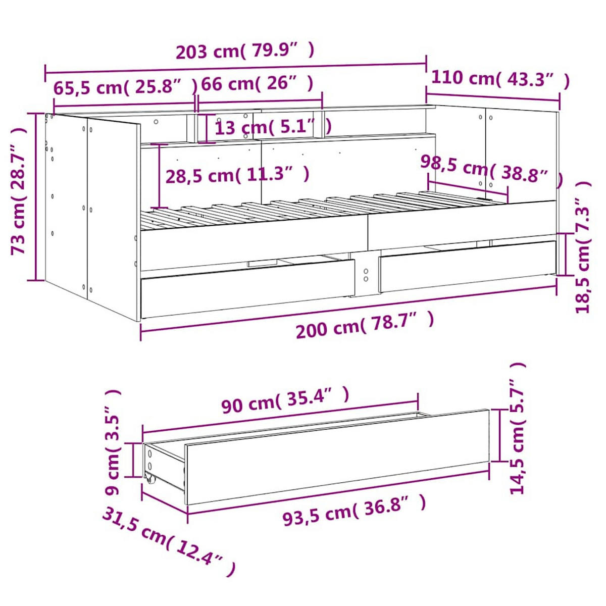 TAGESBETT Mit Schubladen Ohne Matratze Sonoma-Eiche 100/200 Cm - Hellgrau, Holzwerkstoff (100/200cm) - vidaXL