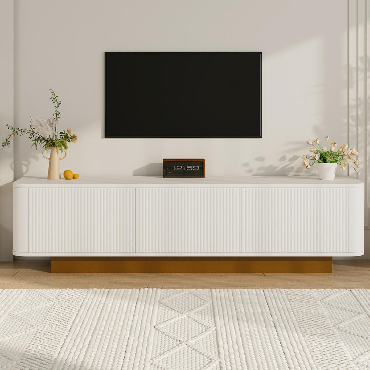 TV-SCHRANK Modern Lowboard Stauraum abgerundetes Design Weiß MDF - Weiß, Holz (43.69/16.76/80.01cm) - FLIEKS