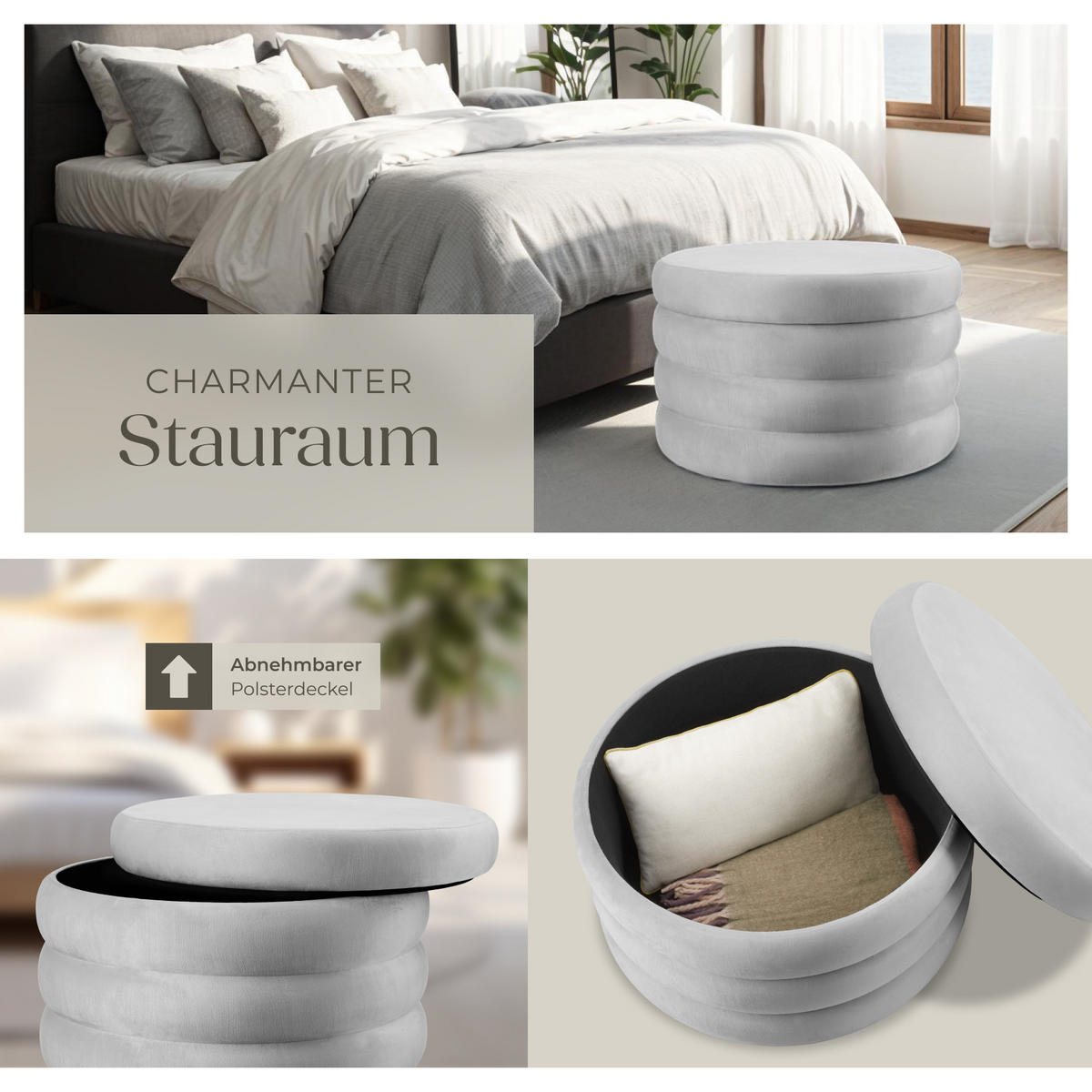SITZHOCKER mit Stauraum Altu Xl,67 x 42 cm,Samtoptik grau - Samtahornfarben, Holz (67/42/67cm) - tectake