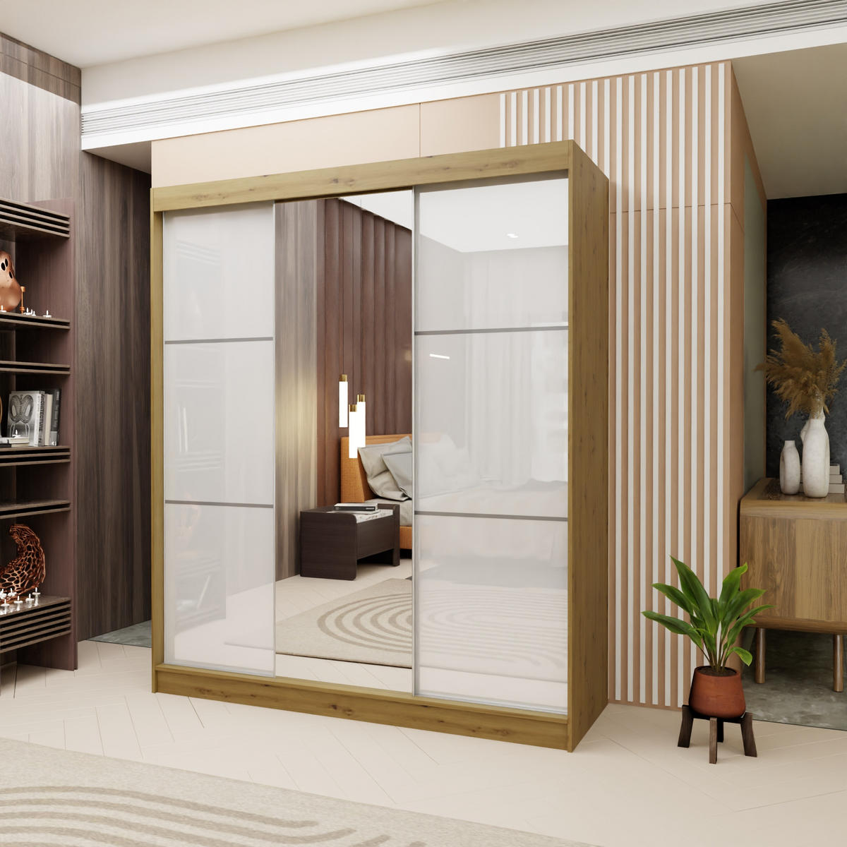 SCHWEBETÜRENSCHRANK VITALE 180/216/61 cm 3-türig mit Spiegel Eiche Artisan - Weiß/Eiche Artisan, Holzwerkstoff (180/216/61cm) - MASSENO