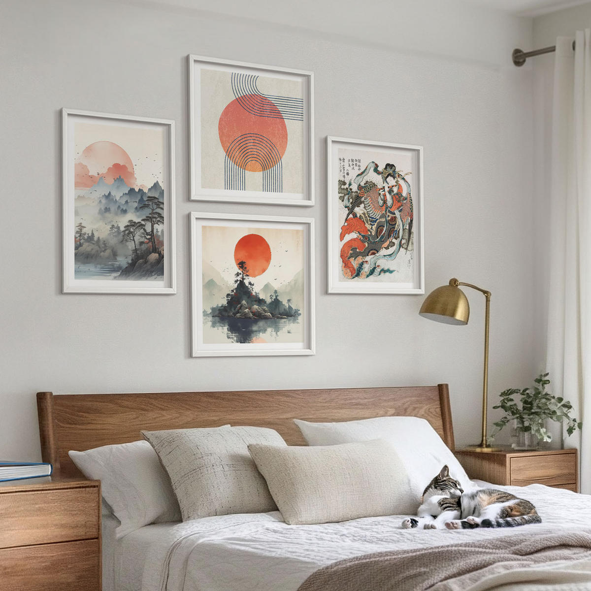 WANDBILDER 4er-Set - 50x50 cm & 40x60 cm Weißer Rahmen - Asiatische Landschaften Japandi - Weiß, Kunststoff (50/50cm) - ArtPrintCave