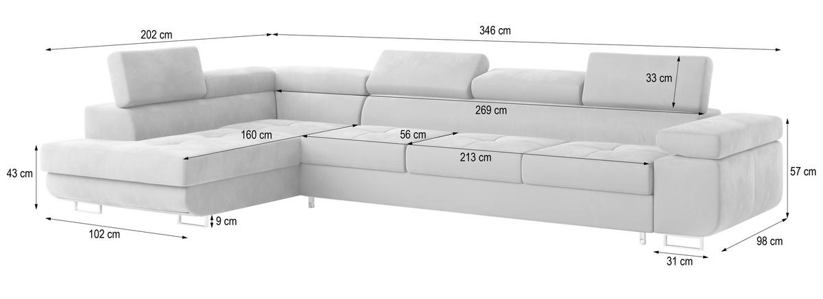 ECKSOFA VICENTE Braun Velours-Stoff mit Schlaffunktion - Braun, Holz (346/202cm) - MASSENO
