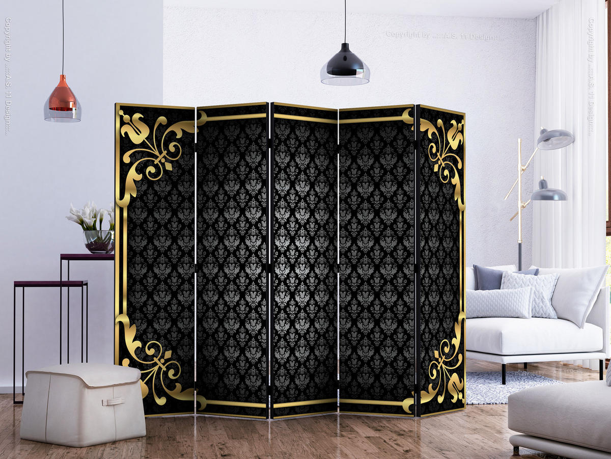 PARAVENT Einseitig Bedruckter 5-tlg 225x172 cm Ornamente Glamour - Schwarz, Holz/Textil (225/172/3cm) - Muralo