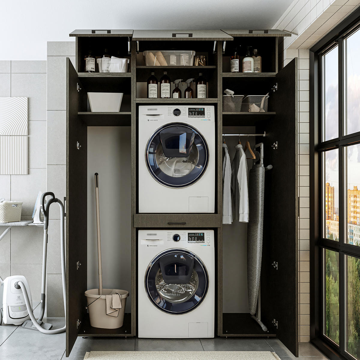 WASCHMASCHINENSCHRANK DUO-I 157cm Breit, 240cm Hoch - Schwarz, Holzwerkstoff (157/240/67cm)
