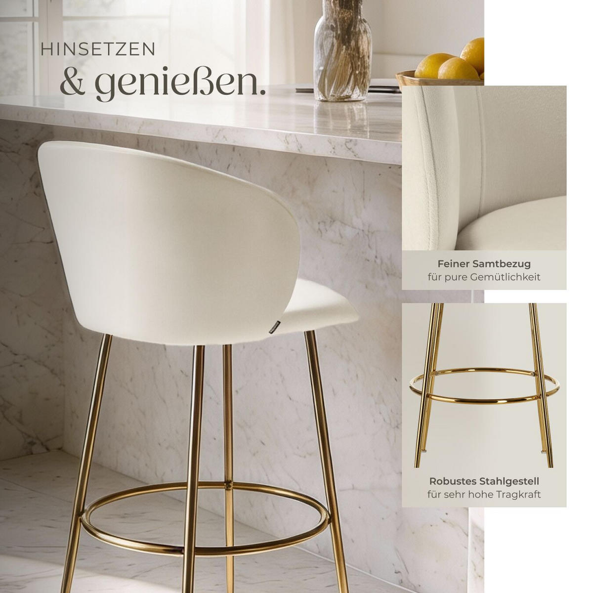 BARSTUHL Luana, 51 x 60 x 106 cm, Belastbarkeit 120 kg, creme/gold - Goldfarben/Creme, Kunststoff/Textil (51/106/60cm) - tectake