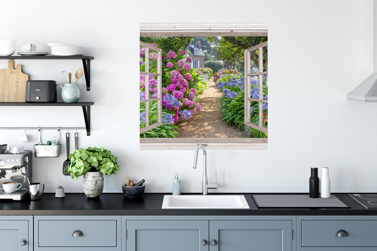WANDTATTOO Hortensie - Fensterblick - Blumen - Sommer - Lila - Weg 50x50 cm - Lila, Kunststoff (50/50/0.1cm) - MuchoWow
