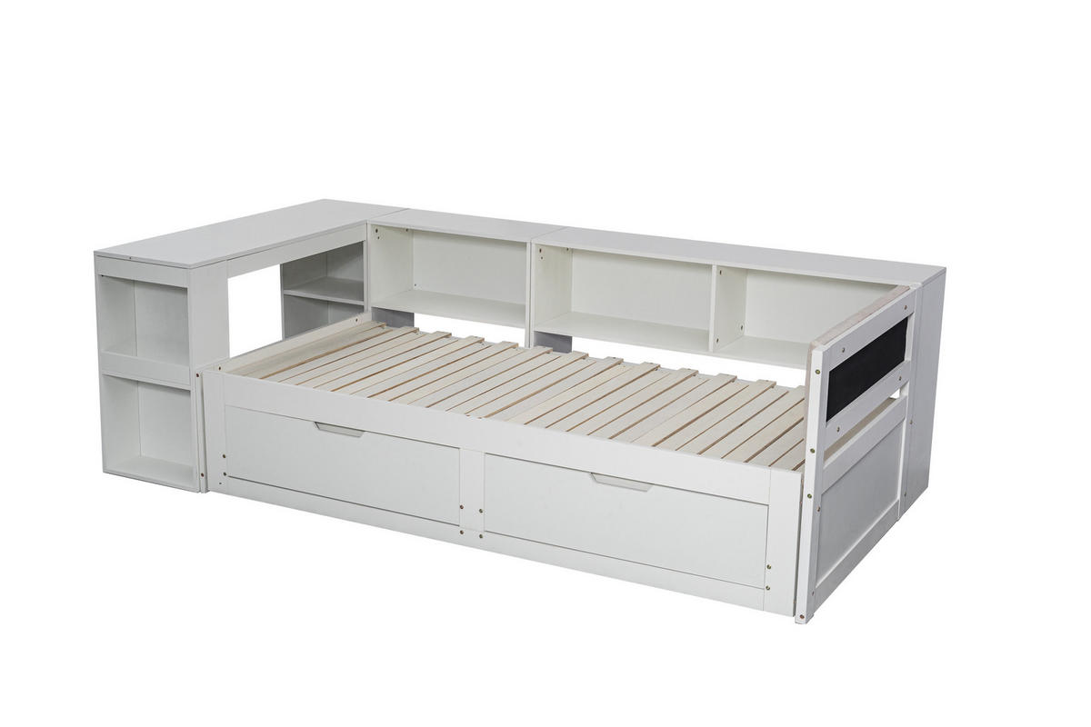 BETT ausziehbar 90x200 cm mit Schreibtisch und 2 Schubladen Weiß - Weiß, Holz (90/200cm) - Meubliv