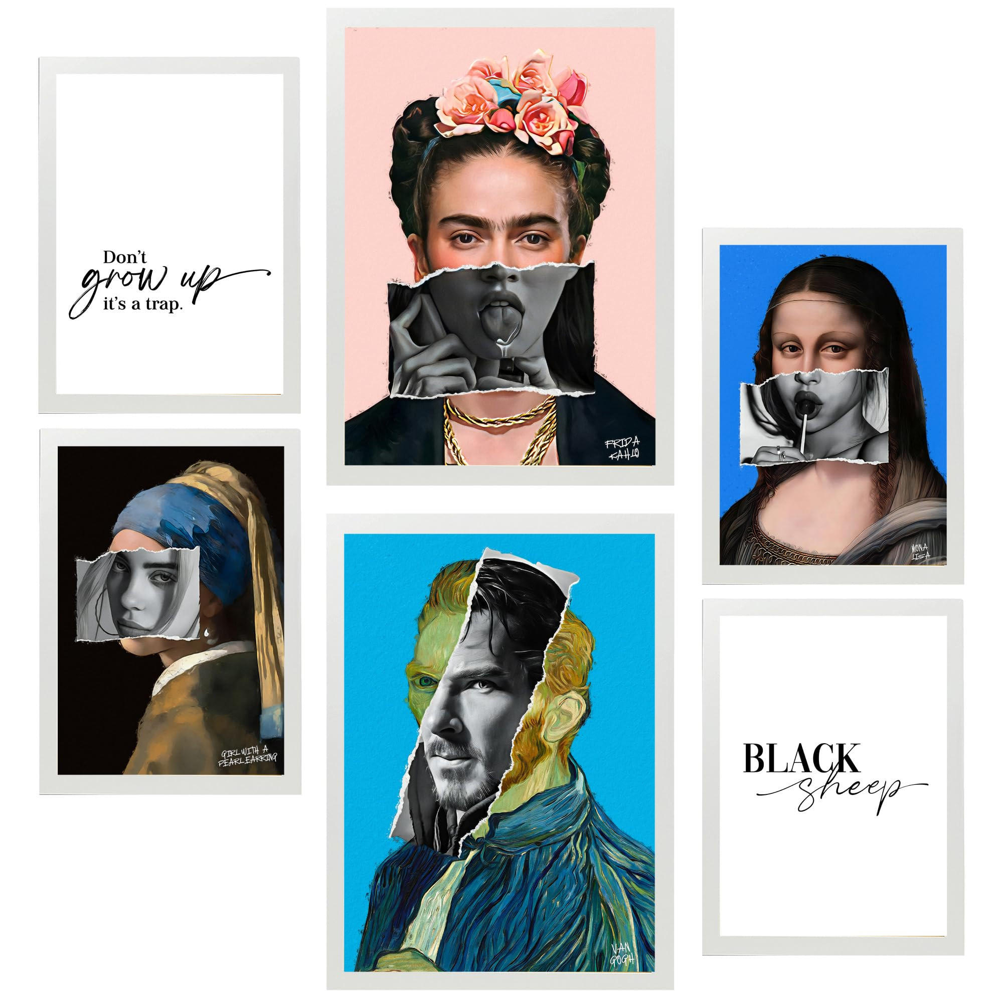 POSTER Set Mit 6 Ikonische Frida Van Gohg Collage Pop Art A3 & A4 Weißer Rahmen - Weiß, Papier (29/3cm) - Nacnic