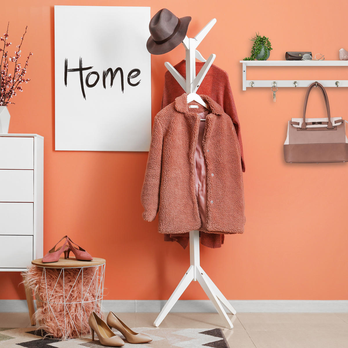 NÁSTENNÝ vešiak s policou - biela, kov/drevo (75/18/16cm) - Relaxdays