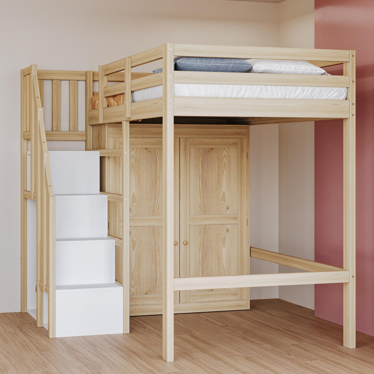 HOCHBETT 90/200 cm in Naturholz – mit Kleiderschrank, Stauraumtreppe und Rausfallschutz - Naturfarben, Holzwerkstoff (90/200cm) - BEAOK