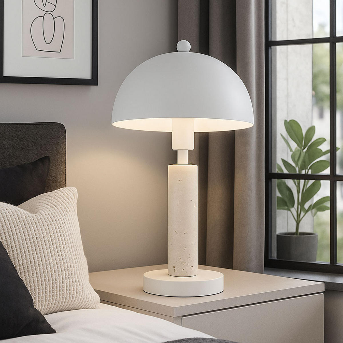 TISCHLEUCHTE Janie Weiß Travertin Stein - Weiß, Metall (20/20/34cm) - Globo Lighting