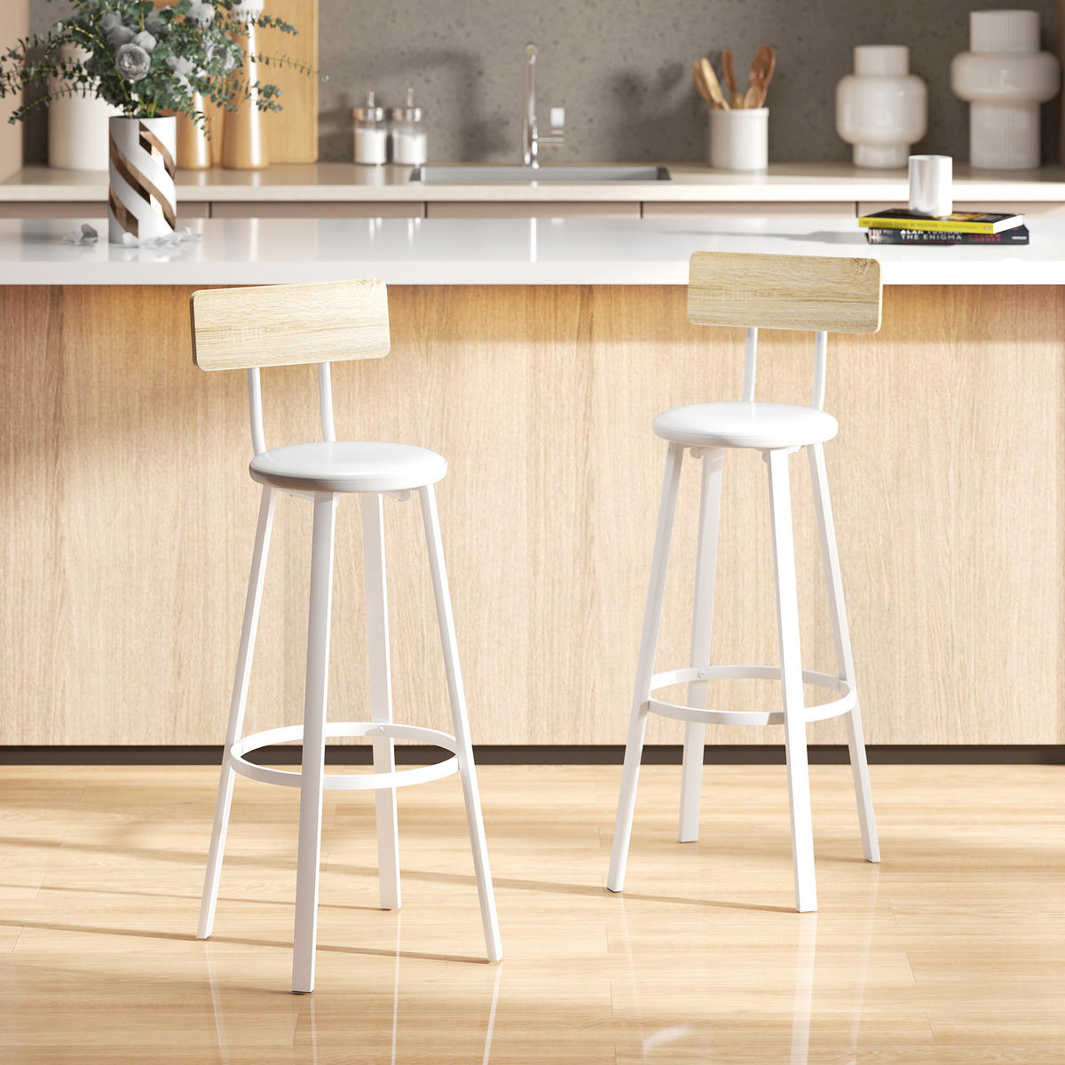 BARHOCKER 2er-Set DE-14824 gepolstert mit Rückenlehne Naturholz/Weiß - Weiß, Metall (36.5/99.5/41.5cm) - ComfortXL