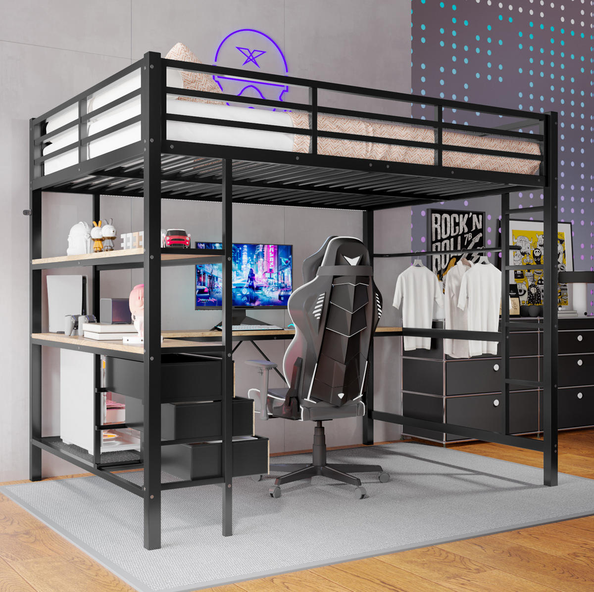 HOCHBETT aus Metall und MDF 140x200 cm Schwarz mit LED-Beleuchtung, Schreibtisch, USB und 3 Schubladen - Schwarz, Metall (90/190cm) - Modfu