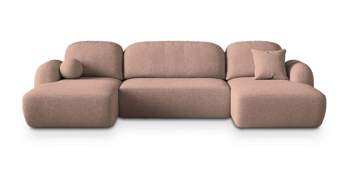 WOHNLANDSCHAFT SAVONA N Rosa Boucle-Stoff mit Schlaffunktion - Rosa, Holz (320/90/148cm) - MASSENO