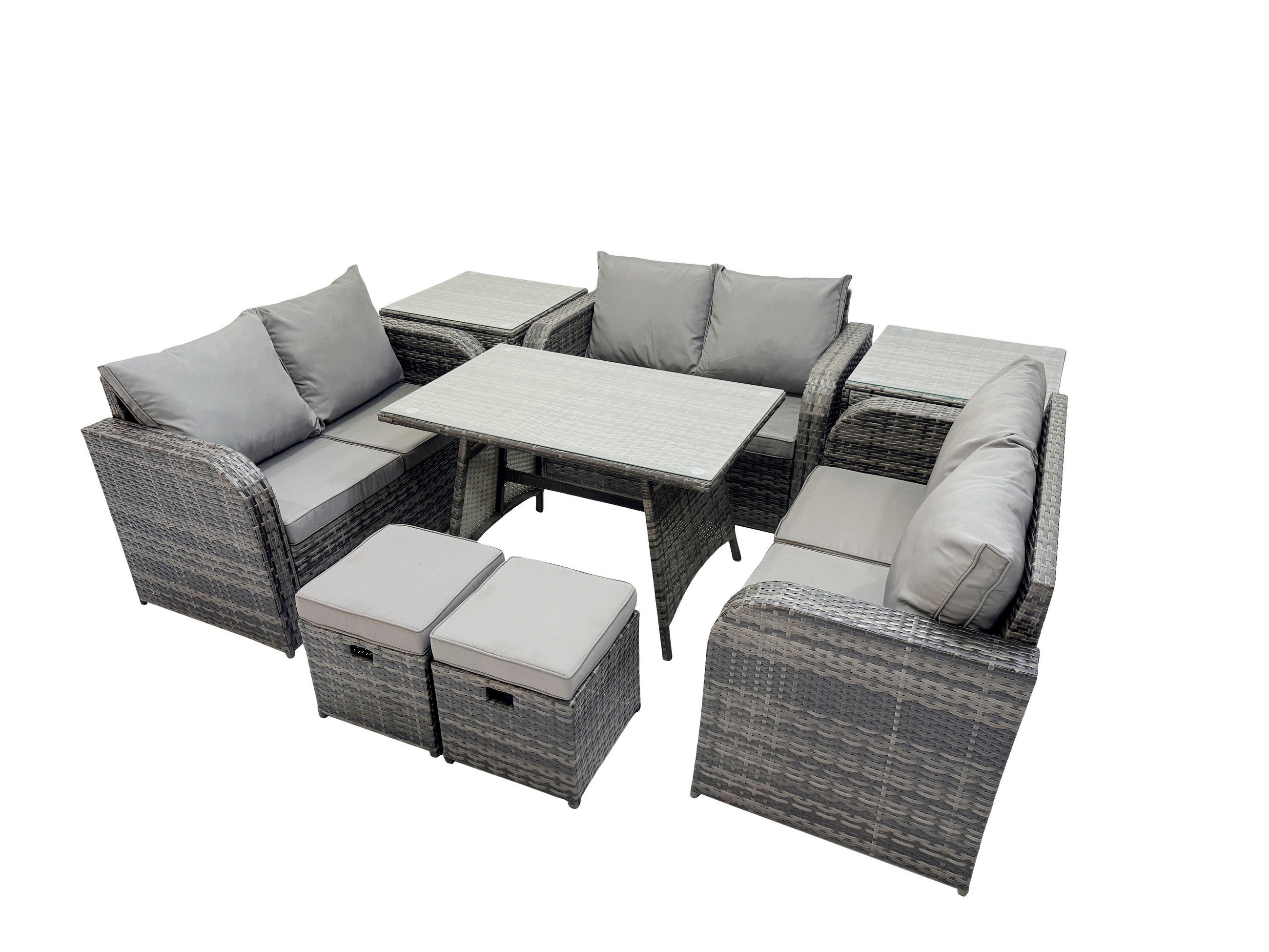 GARTENMÖBELSET mit ESSTISCH,SOFA Polyrattan 8-Sitzer - Dunkelgrau/Grau, Glas/Kunststoff - Fimous