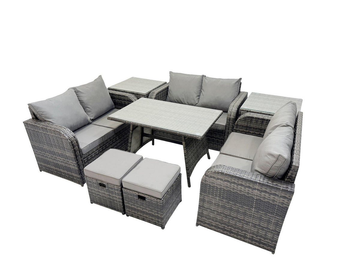 GARTENMÖBELSET mit ESSTISCH,SOFA Polyrattan 8-Sitzer - Dunkelgrau/Grau, Glas/Kunststoff - Fimous