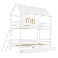 ETAGENBETT Weiß/Natur Liegefläche 90/200 cm, Fenster und Dach, Schubladen, Lattenrost - Weiß, Holz - PANGIVO