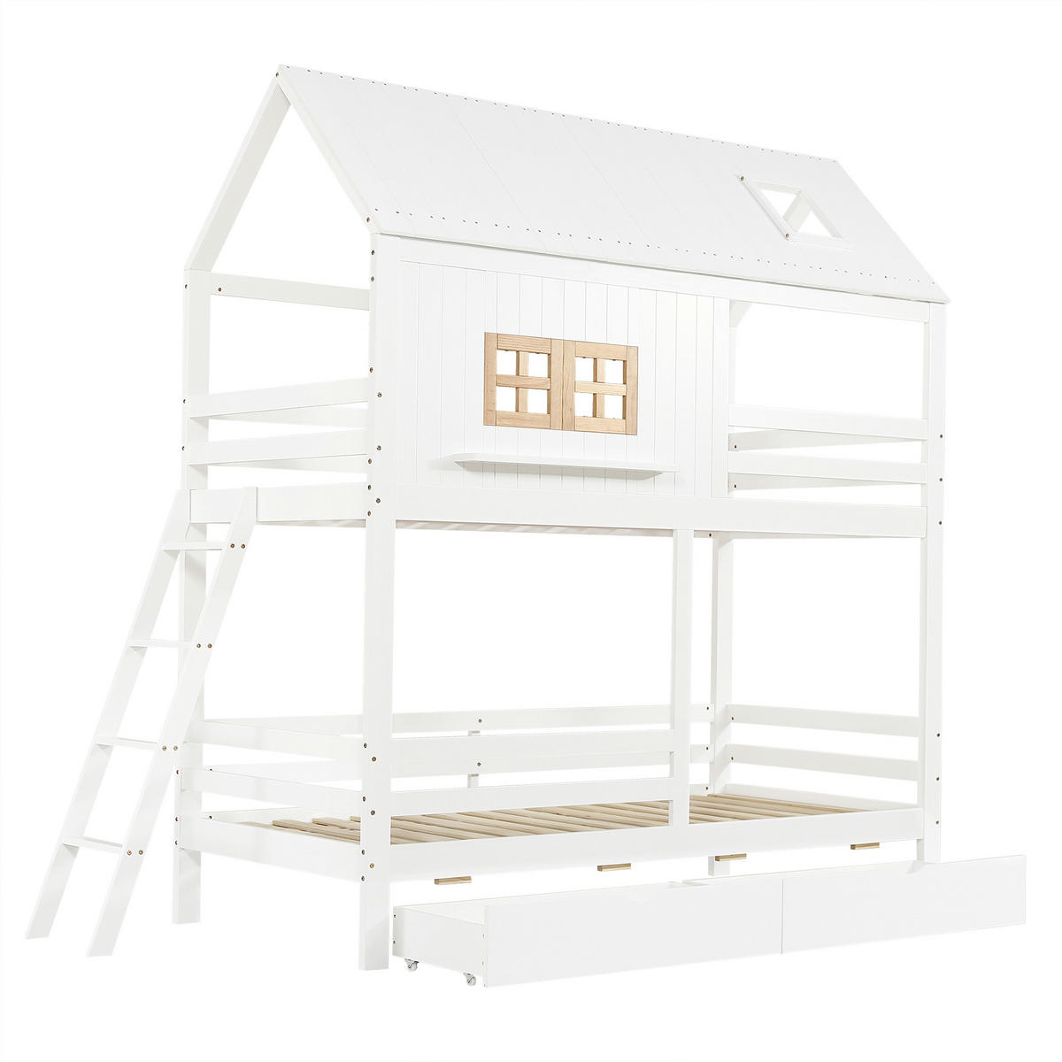 ETAGENBETT Modell Fenster Dach Weiß Natur - Naturfarben, Holz (90/200cm) - ComfortXL