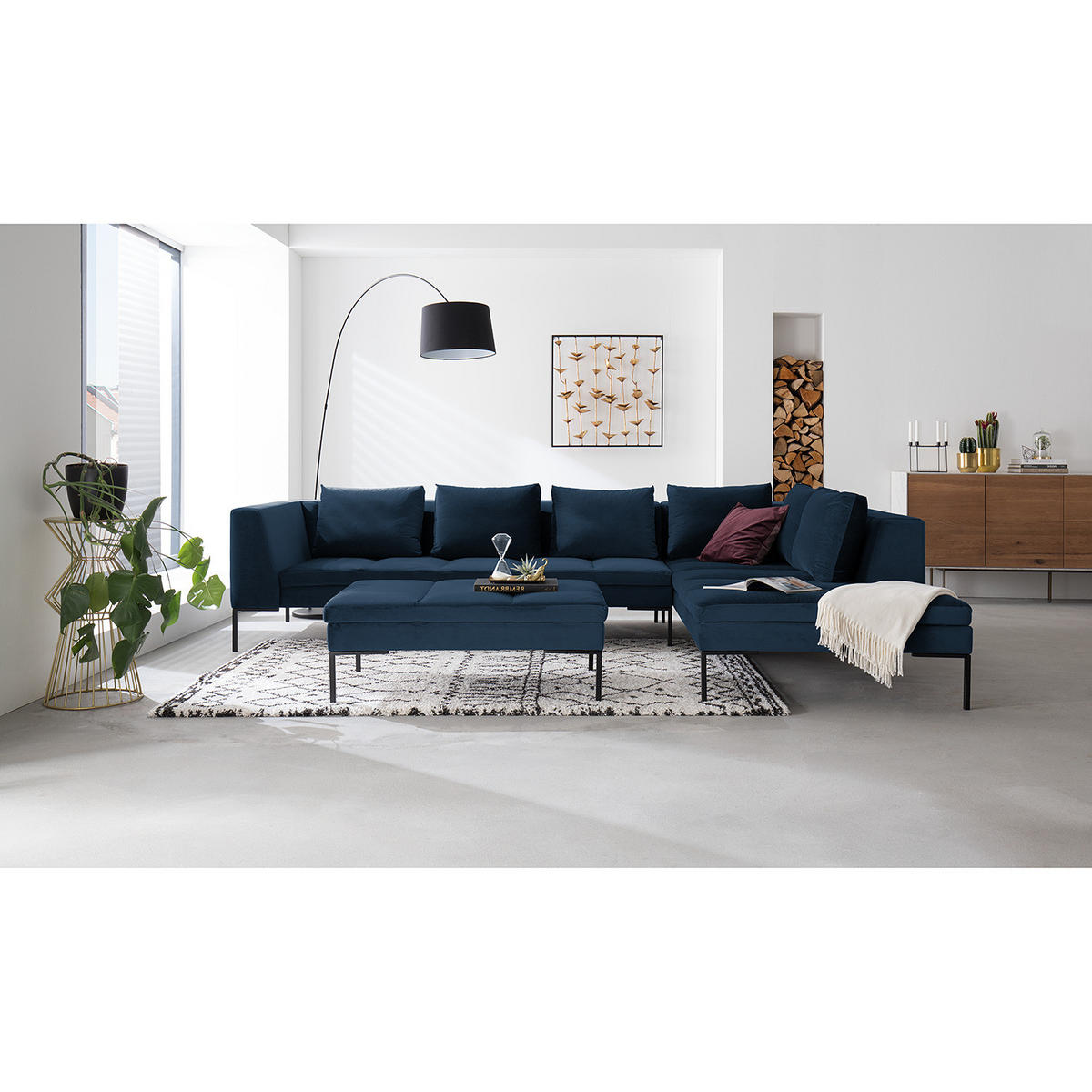 ECKSOFA mit Ottomane - Schwarz/Dunkelblau, Textil/Metall (319/230cm) - home24