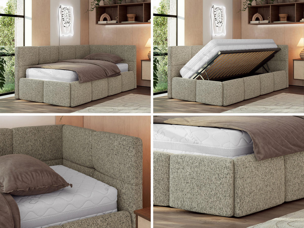 JUGENDBETT ARVO 90/200 - Dunkelbeige Strukture - Pocket-Matratze - Rechts Seite - Bronzefarben, Textil (90/200cm) - MKS