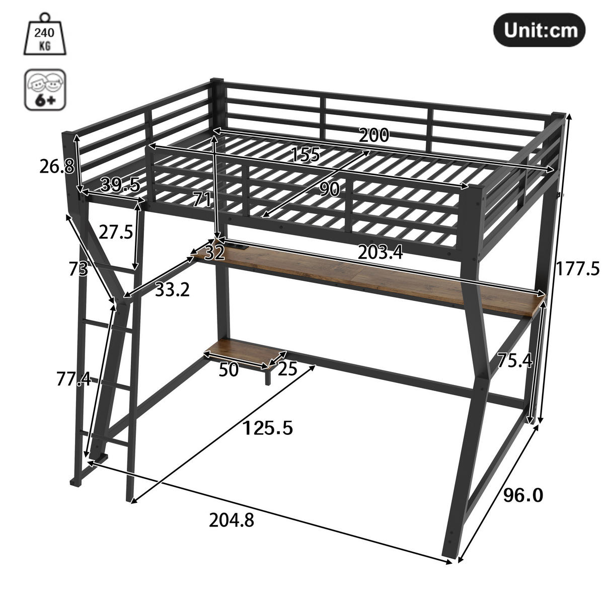 HOCHBETT 90/200 cm mit LED-Beleuchtung, Schreibtisch, Steckdose, USB und Treppe, Schwarz - Schwarz, Metall (90/200cm) - Redom