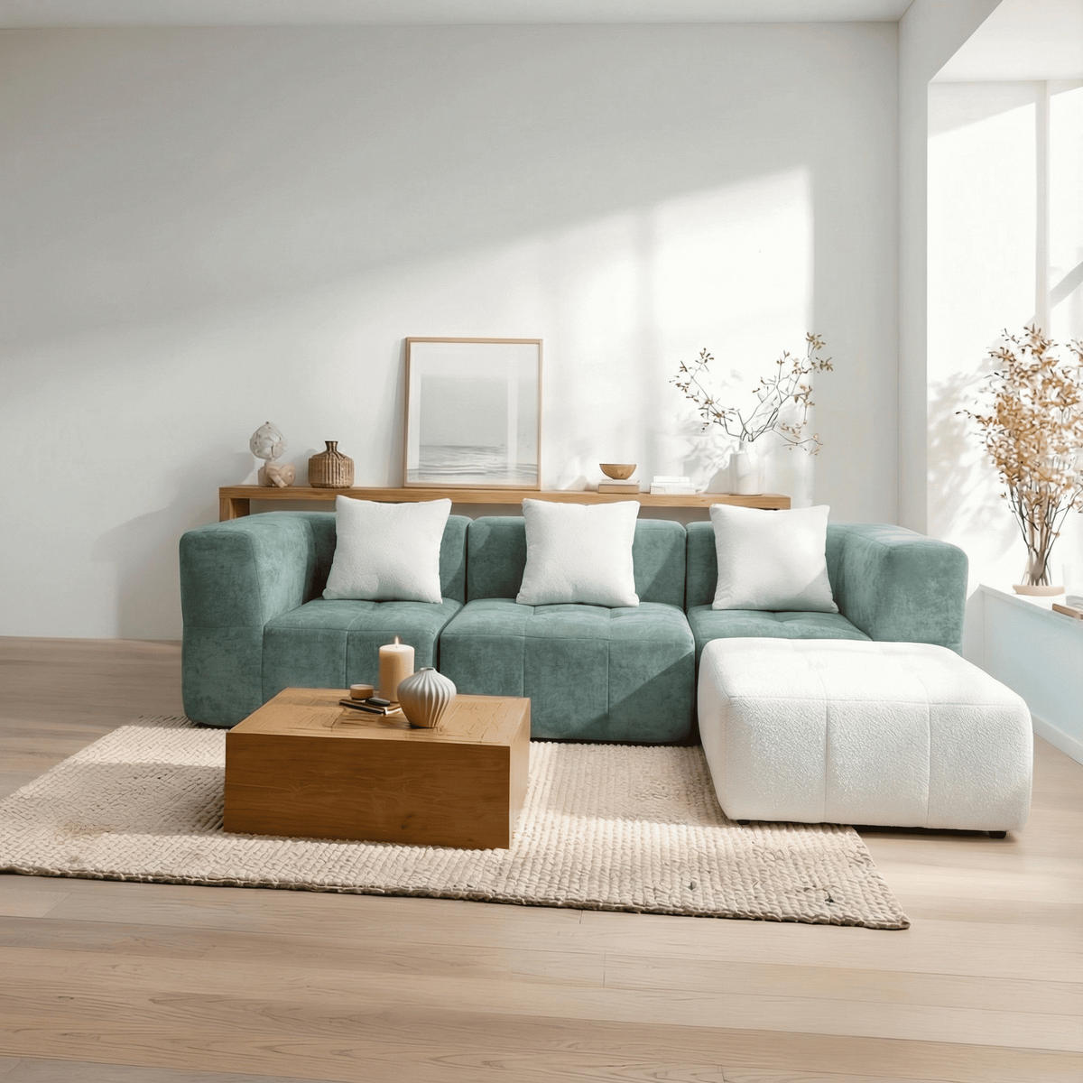 ECKSOFA Eden Komplett Salbei Weiß 3-Sitzer - Salbeigrün, Textil (272/71/92cm) - COCO Living