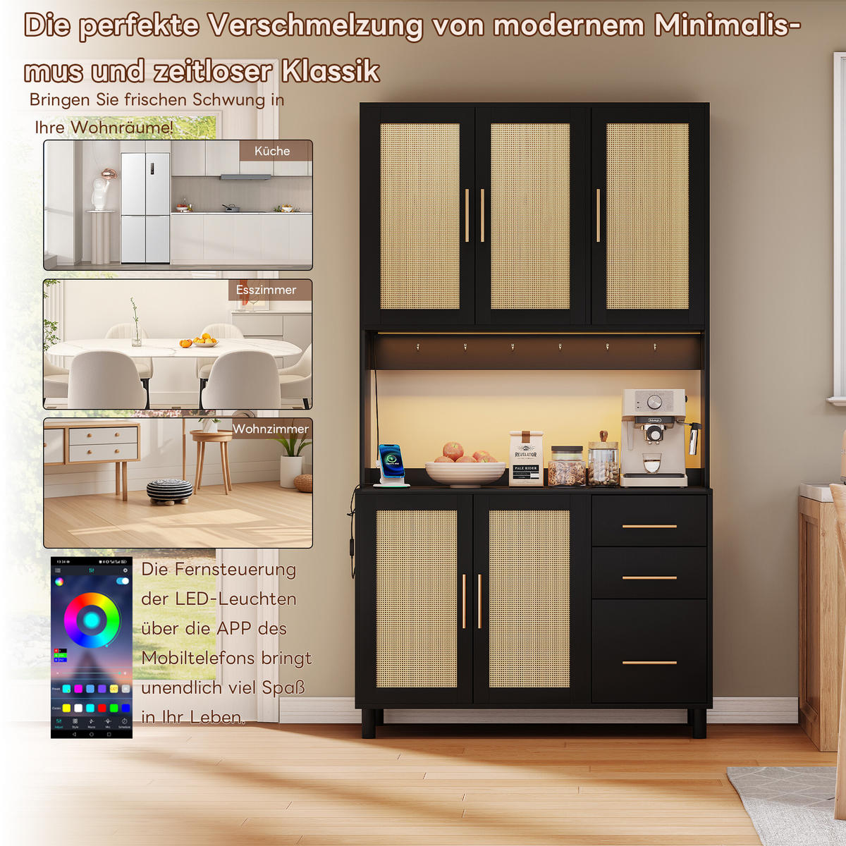 KÜCHENSCHRANK in Holz- und Rattanoptik mit LED Schwarz - Schwarz, Holzwerkstoff (40/183/100cm) - Urban Meuble